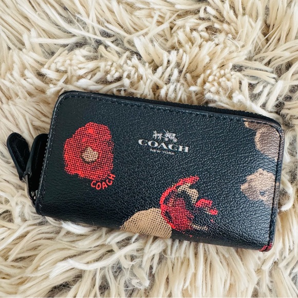 Coach mini wallet, double-zip, black, red floral, textured, EUC - Picture 1 of 16